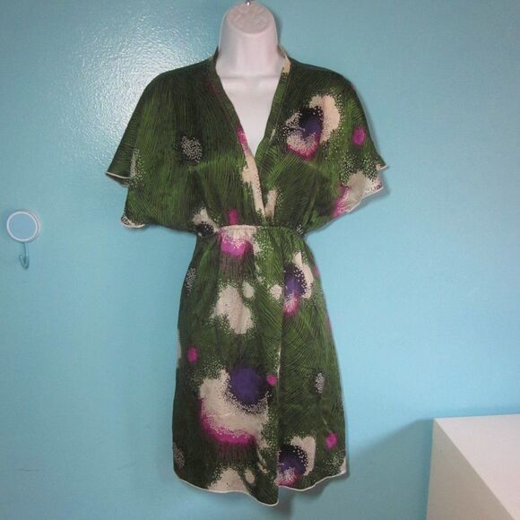 Hale Bob Anthropologie Womens Size S Green Floral Silk Pullover Kimono Dress  - Picture 2 of 13